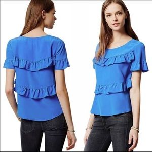 Blue silk top with ruffles from Anthropologie